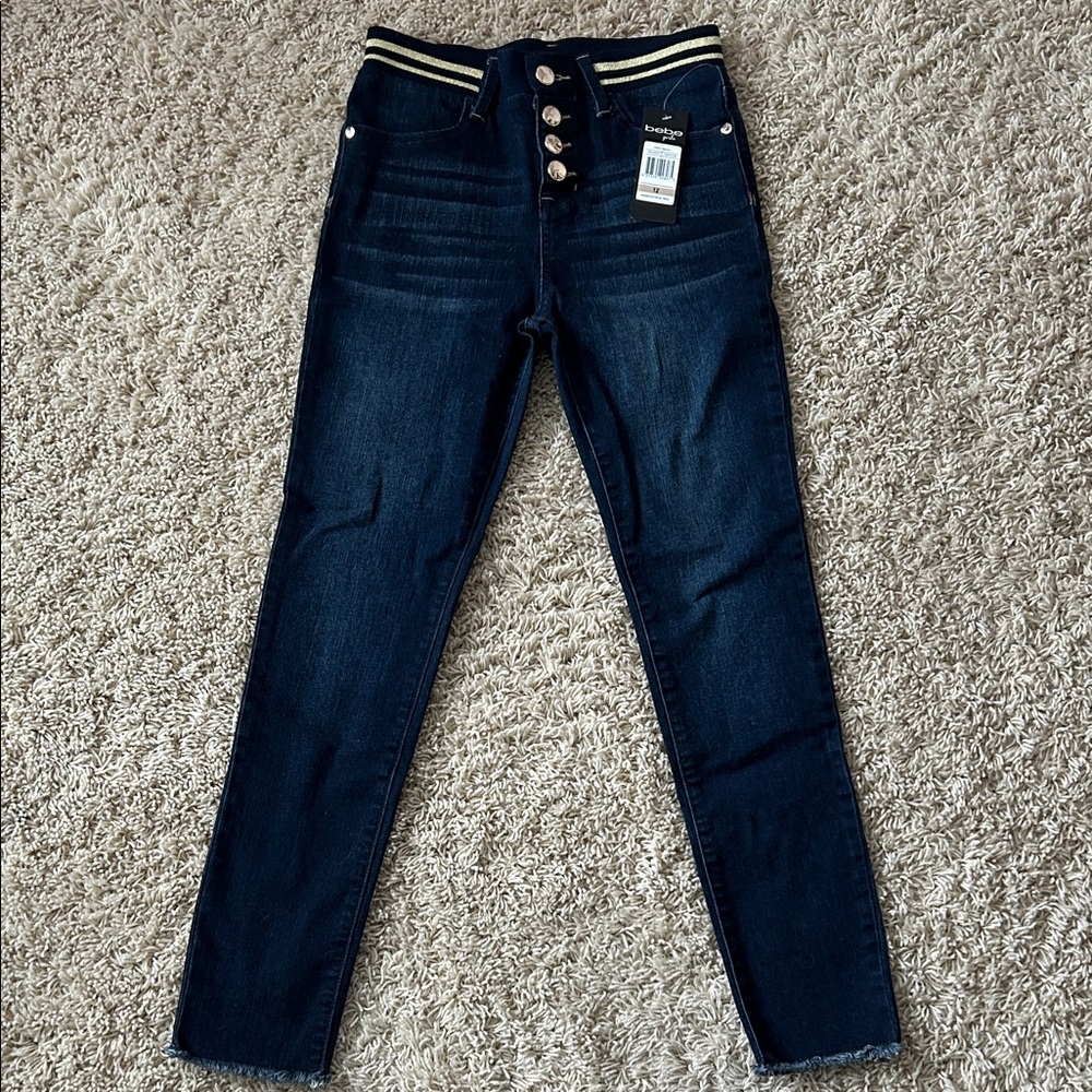 New with tags Bebe Girls Dark Blue Button-Fly Jeans elastic waistband size 12